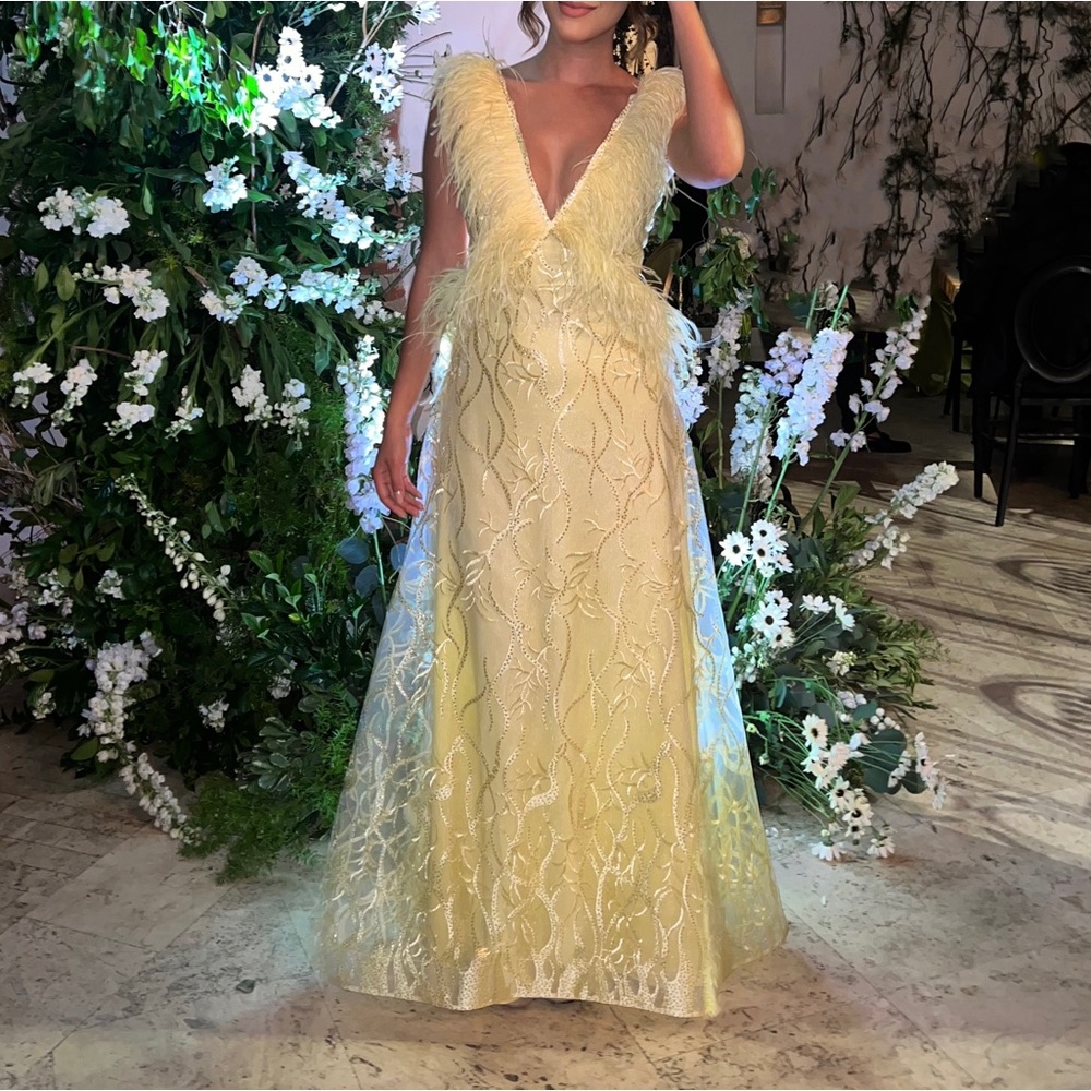 Wedding guest dress with feathers